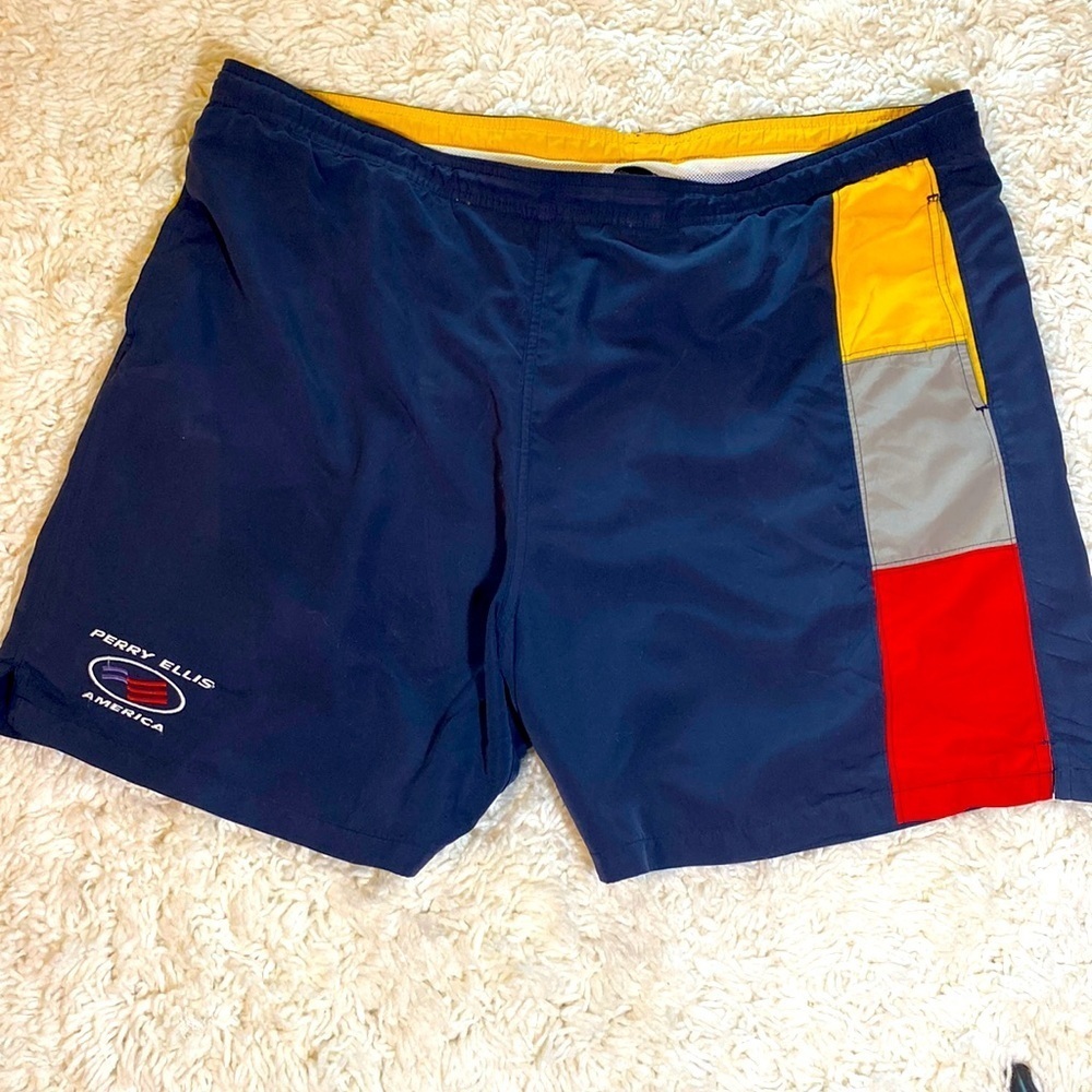 PERRY ELLIS AMERICA XXL DRAWSTRING SWIM TRUNKS NAVY BLUE YELLOW RED TAN…